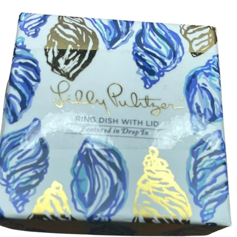 LILLY PULITZER Ring Box With Lid Blue Shell Design Gold Trim